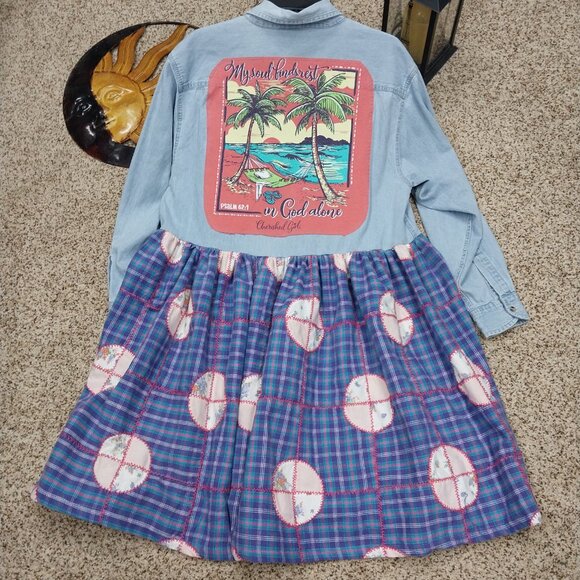 3168 Size XL Port & Company Jean Upcycled Button Down Tunic In Purple and Green - Picture 5 of 7